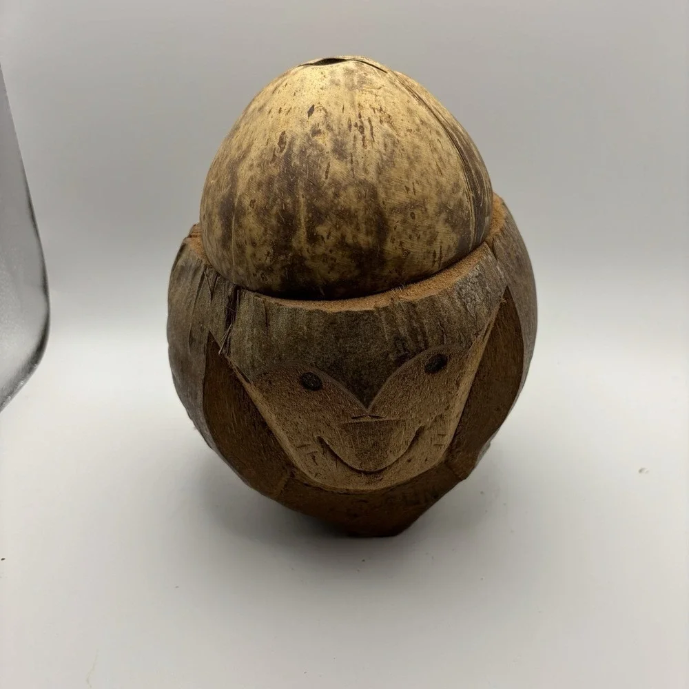 Hand Carved Coconut Monkey Bank Raw‎ from Indonesia 8x6x6
